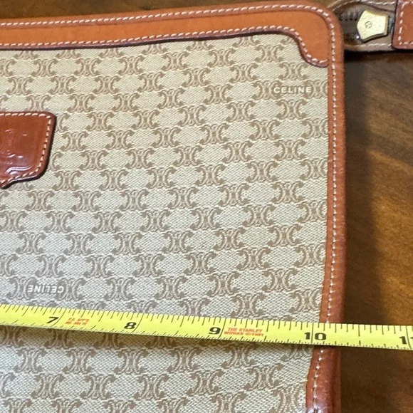 Celine Triumph Logo Clutch Leather Trim Vintage Beige & Brown Bag - Picture 12 of 16